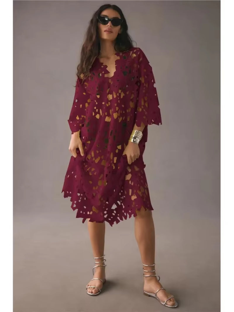 Sexy Lace Hollow Out V-Neck Beach Dress
