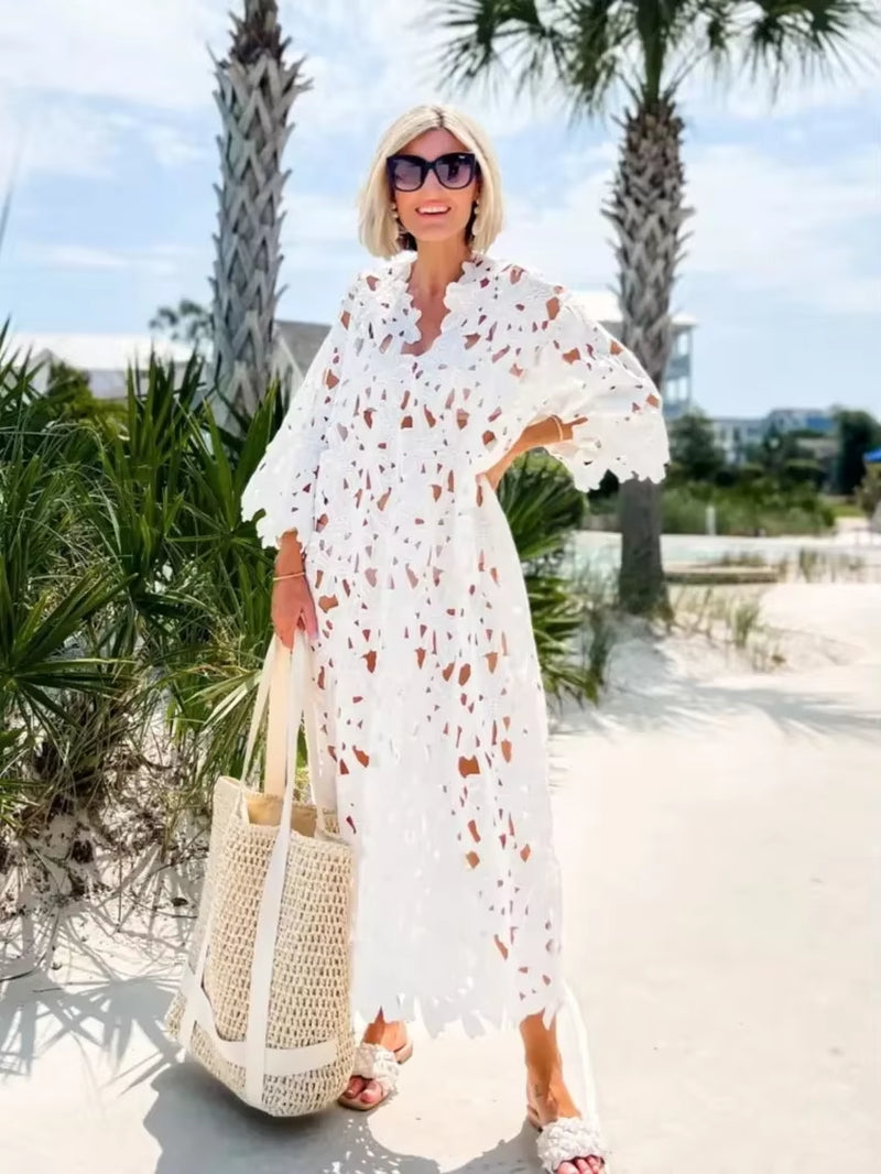 Sexy Lace Hollow Out V-Neck Beach Dress