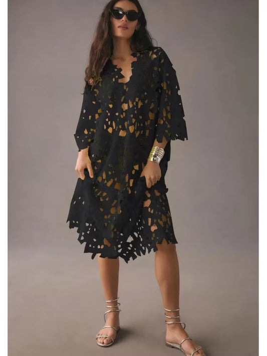 Sexy Lace Hollow Out V-Neck Beach Dress