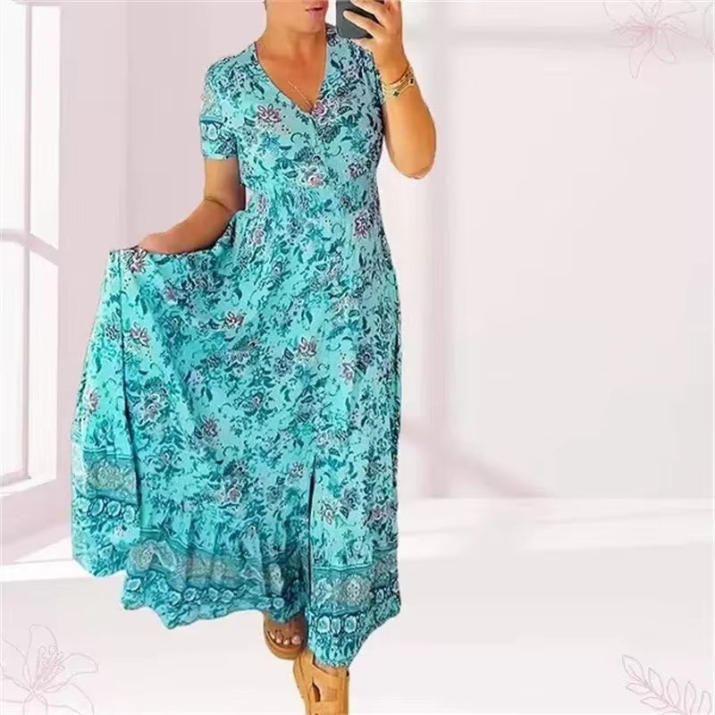 Elegant Women’s Flower Print Deep V-Neck Dress