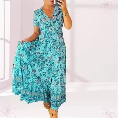 Elegant Women’s Flower Print Deep V-Neck Dress
