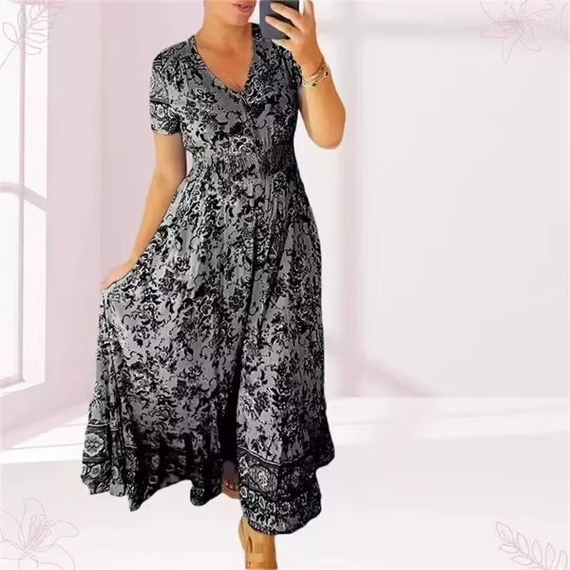 Elegant Women’s Flower Print Deep V-Neck Dress