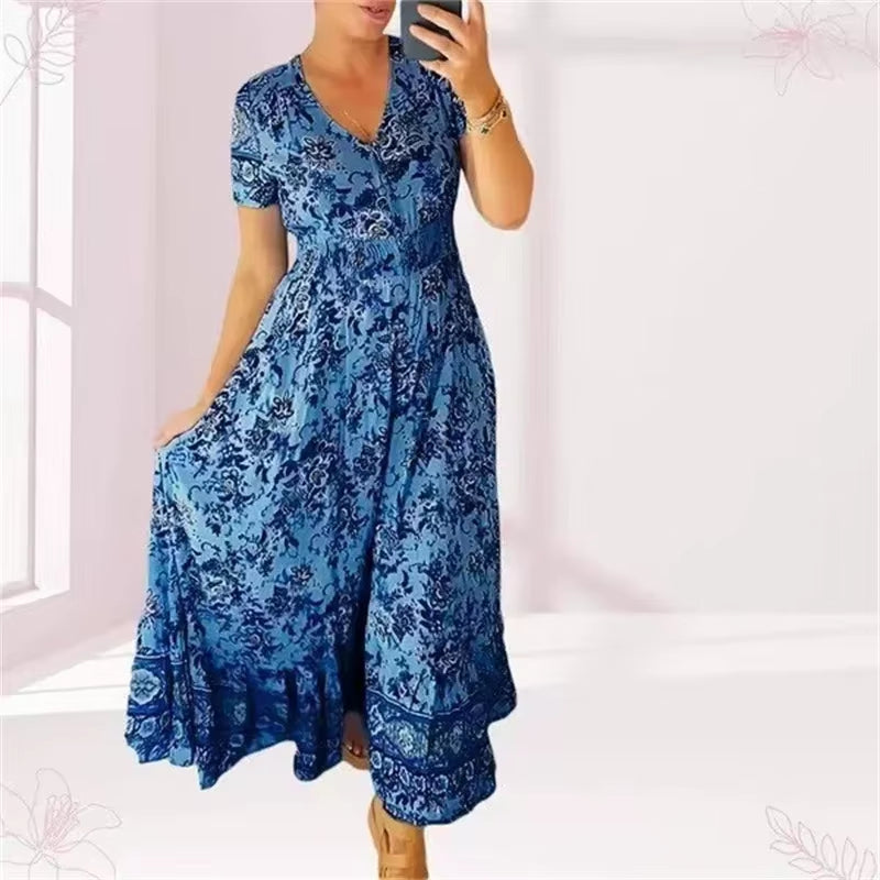 Elegant Women’s Flower Print Deep V-Neck Dress