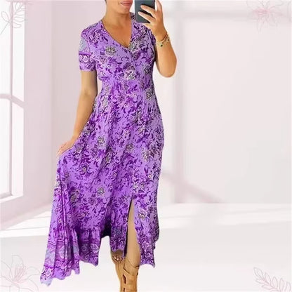 Elegant Women’s Flower Print Deep V-Neck Dress