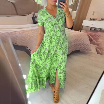 Elegant Women’s Flower Print Deep V-Neck Dress